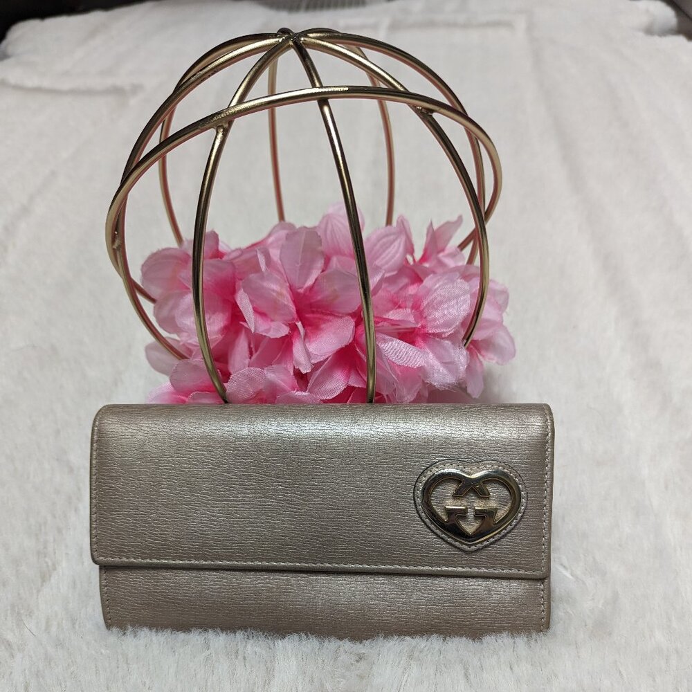Gucci Lovely Interlocking Hearts Metallic Tan Long Leather Wallet - Picture 10 of 10